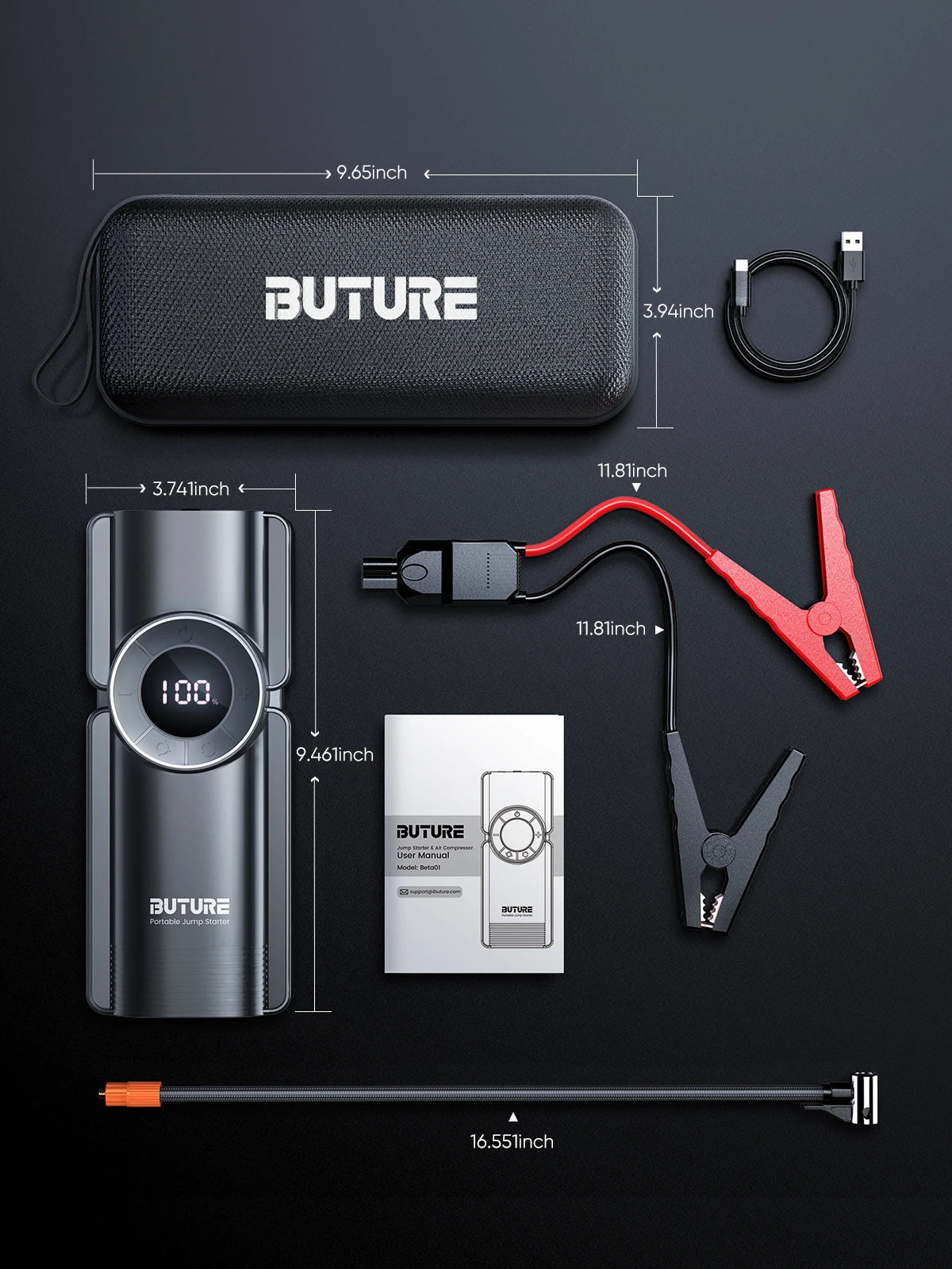 Buture 20000mAh 4 in 1 Jump Starter, Air Pump, Phone Charger & Flashlight for Cars