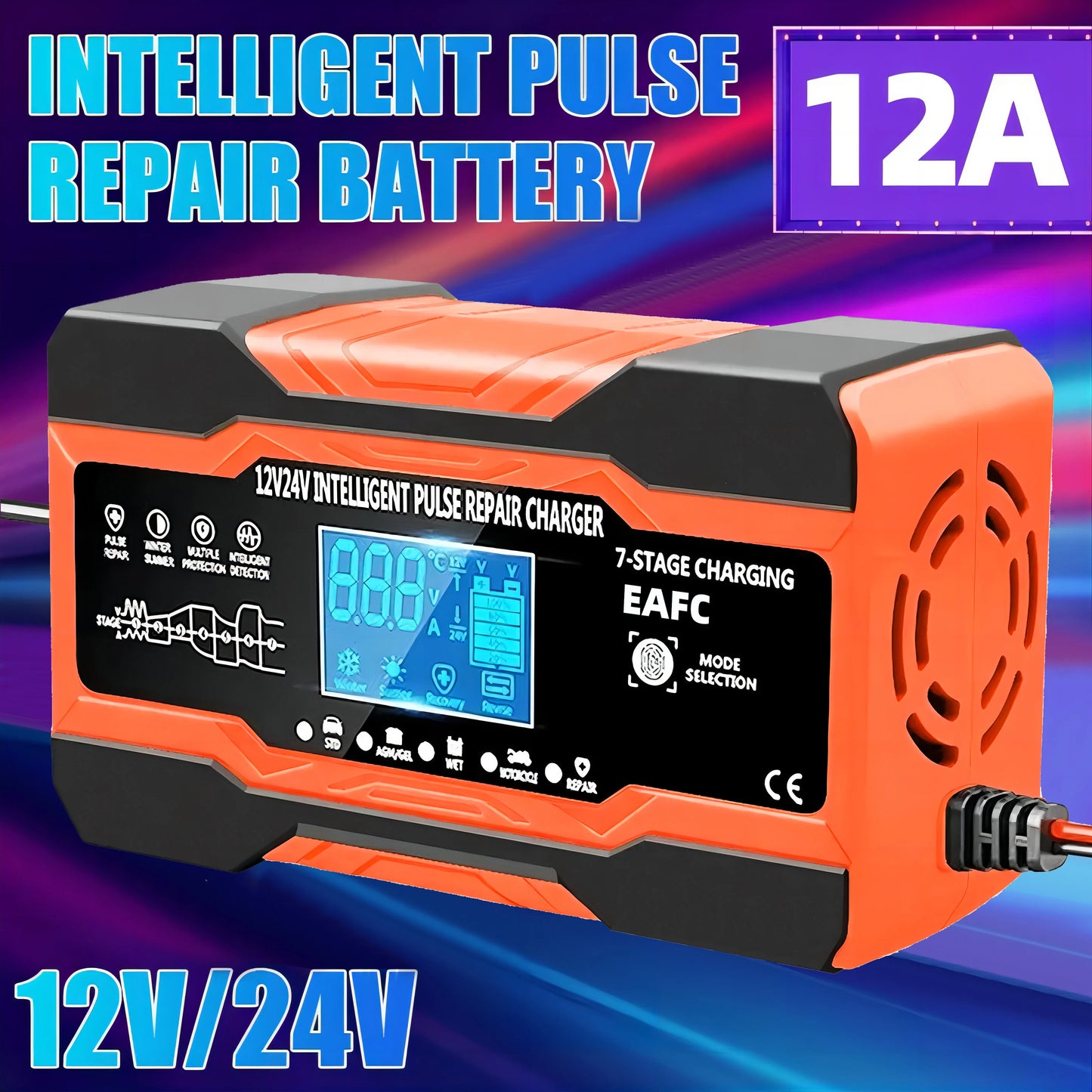 Battery Charger Smart Fast Charging for Car Batteries 7-Stage Charge Pulse Repair